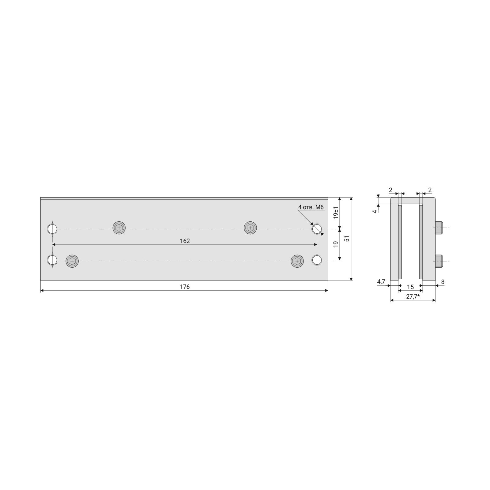 GH-162x19 Монтажная пластина для стеклянных дверей