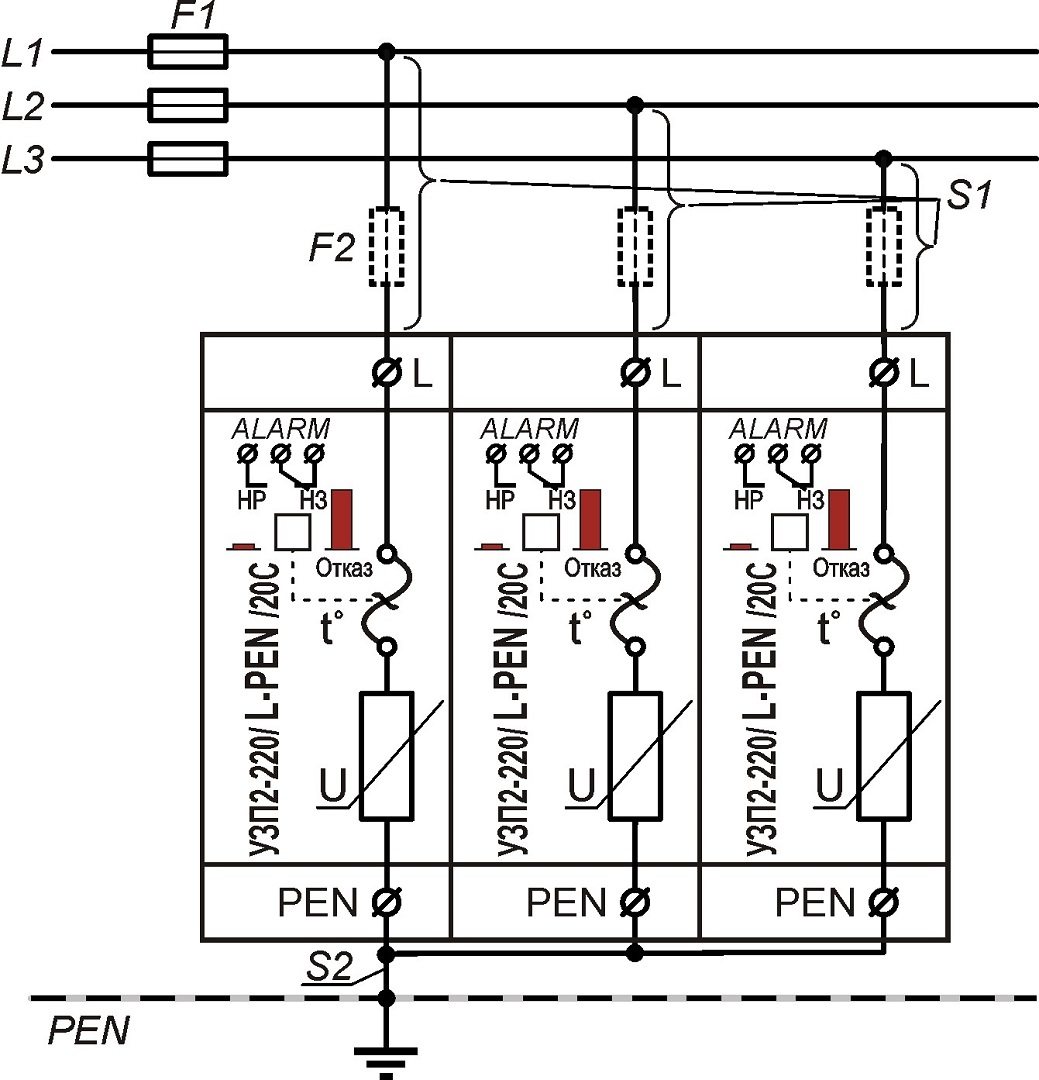 УЗП2-220К/3L-PEN/20С Трехполюсное устройство защиты