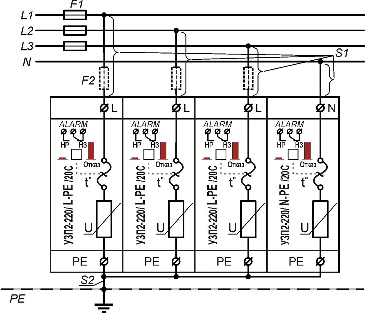 УЗП2-220К/3LN-PE/20С Четырехполюсное устройство защиты